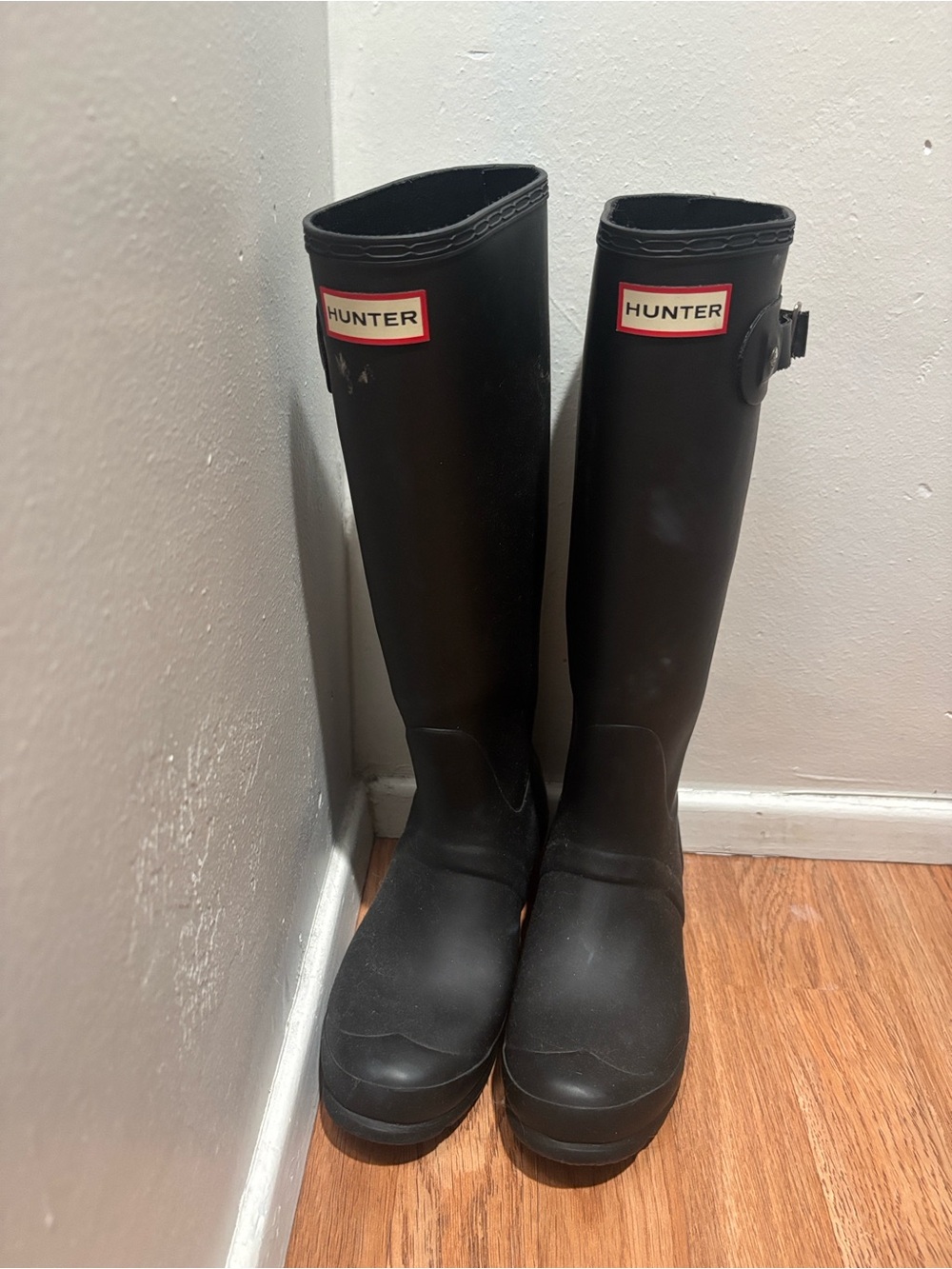 Hunter Black Tall Matte Rain Boots with Red Logo